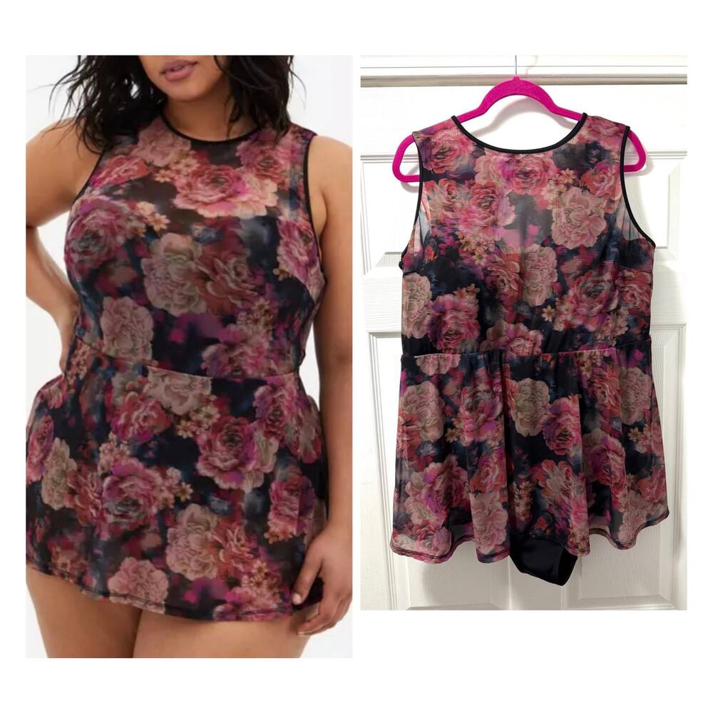 Torrid 3 Bra Cup DD/F Floral Underwire Short Mesh Overlay Swim Dress w/Briefs